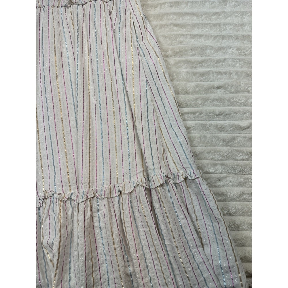J Crew‎ Dress Women's White Multi Metallic Shimmer Stripe Ruffle Trim Midi 10 - Picture 10 of 15